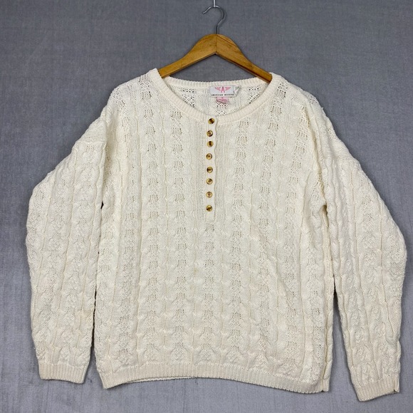 Vtg Womens Sweater M Ivory Fisherman Cable Knit Oversized Cotton Made Hong Kong - Picture 1 of 10